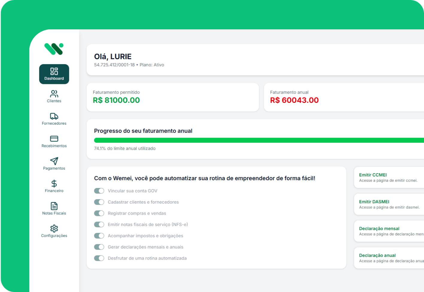 Dashboard Wemei - Sistema para MEI