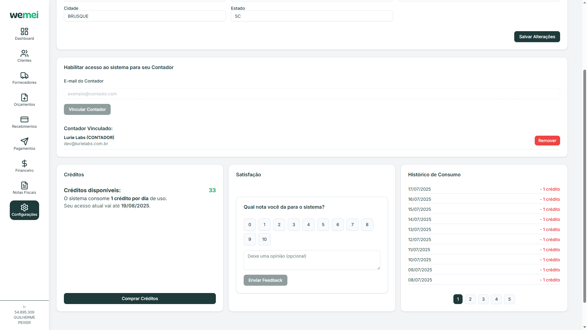Tela de Configurações