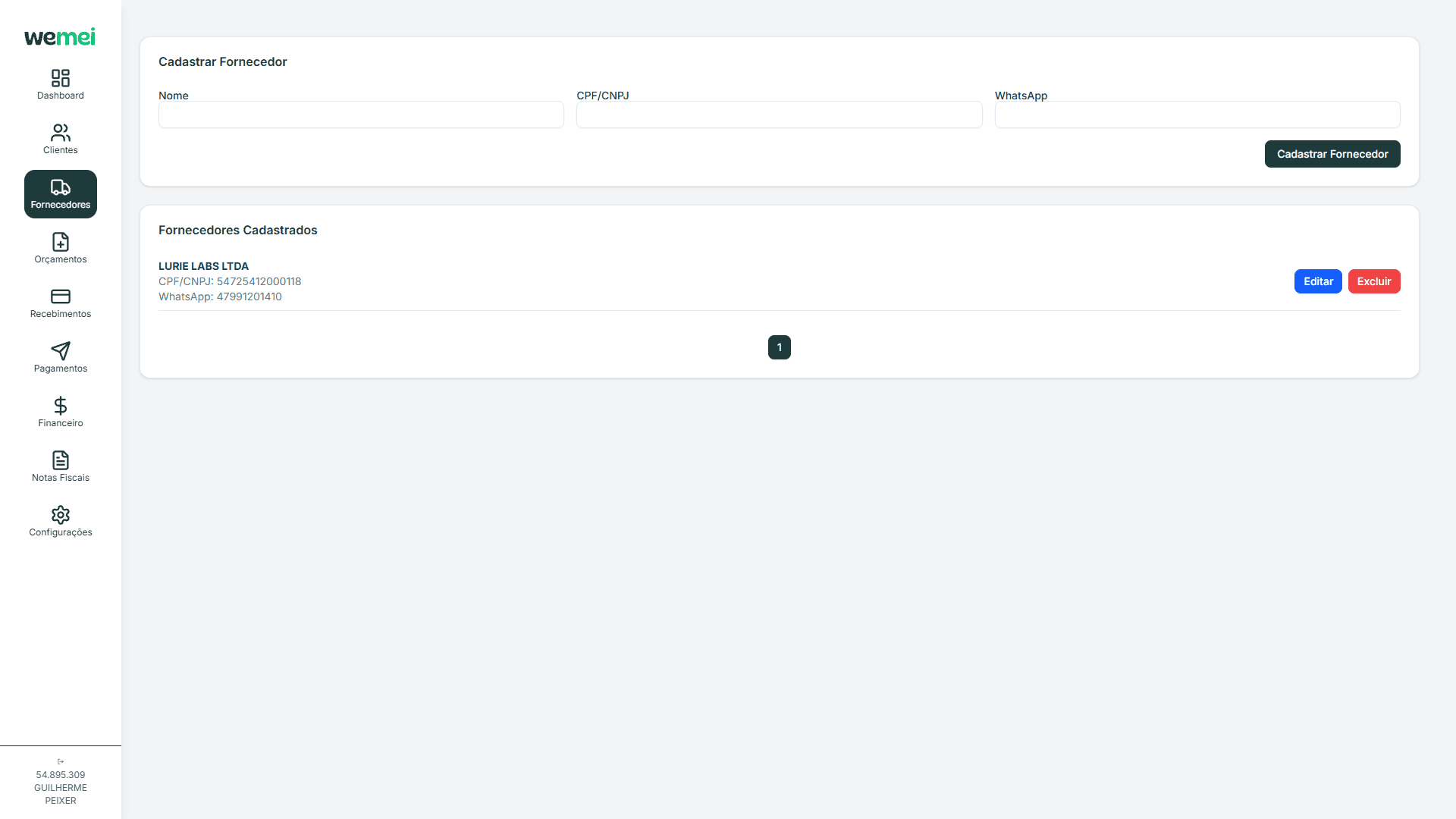 Tela de Fornecedores