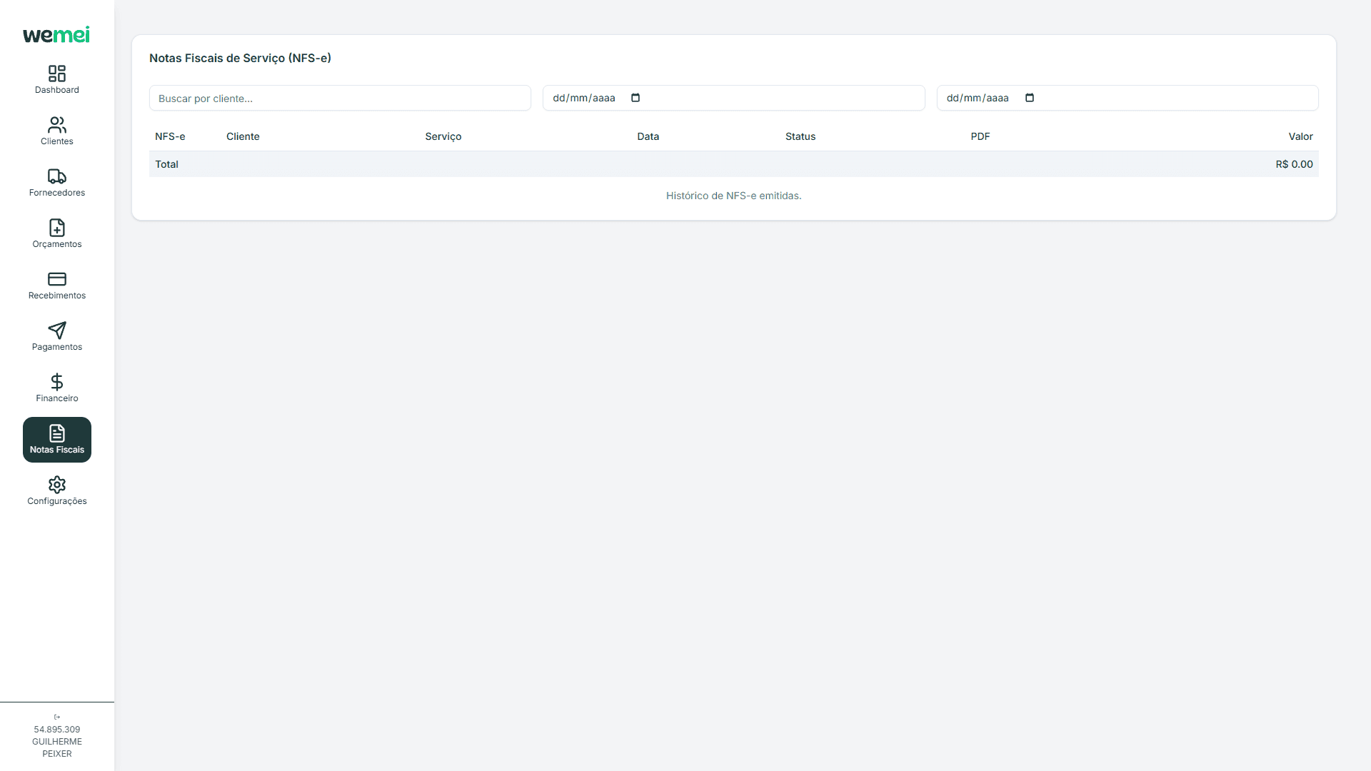 Tela de Notas Fiscais